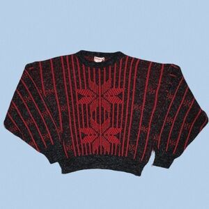 vintage knit sweater red quilt star snowflake‎ striped L